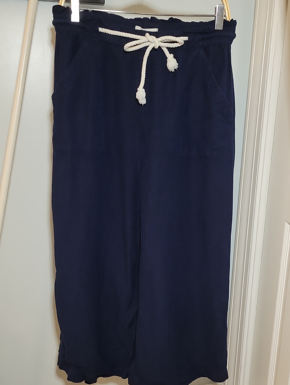 LOFT Navy Blue Rope Drawstring Waist Wide Leg Linen Blend Pants Size Medium
